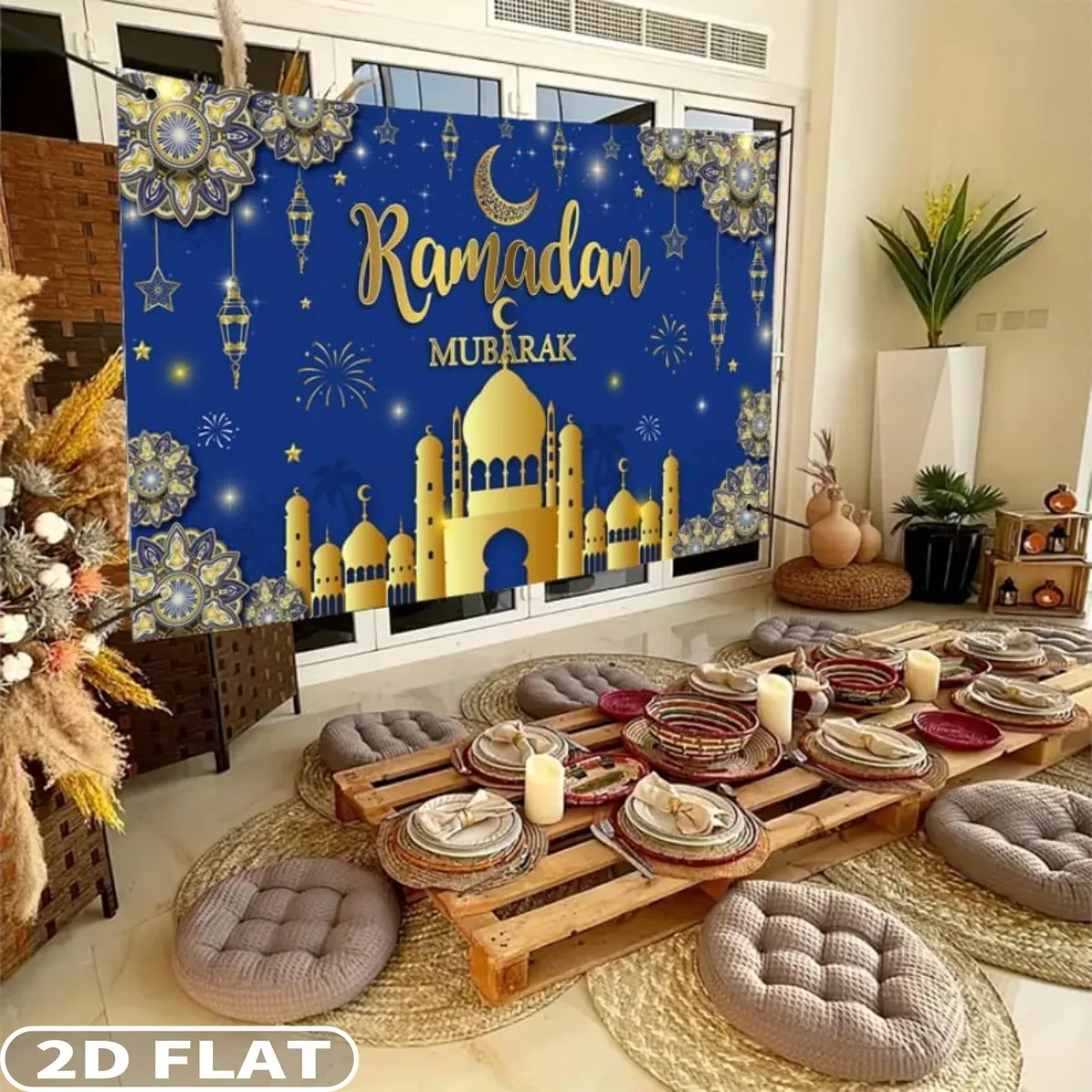 Фото 2D FLAT 1 шт. Рамадан Мубарак праздничные фоны, полиэстер синее золото мусульманский карим баннер Ид аль-Адха Мубарак вечерние Декор баннер №1