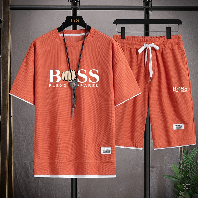 Waffle Pattern 2 Piece Men Shorts Set Summer Tracksuit Men Fashion Clothing Harajuku Style Japan Fashion Loose Fit Sweatsuit