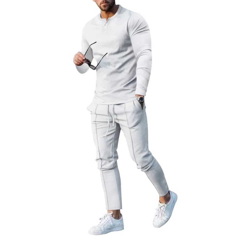 Men's 2023 Spring and Autumn Fitness Sports New Large Solid Henley shirt Long Sleeve Pants Set Fashion Spot