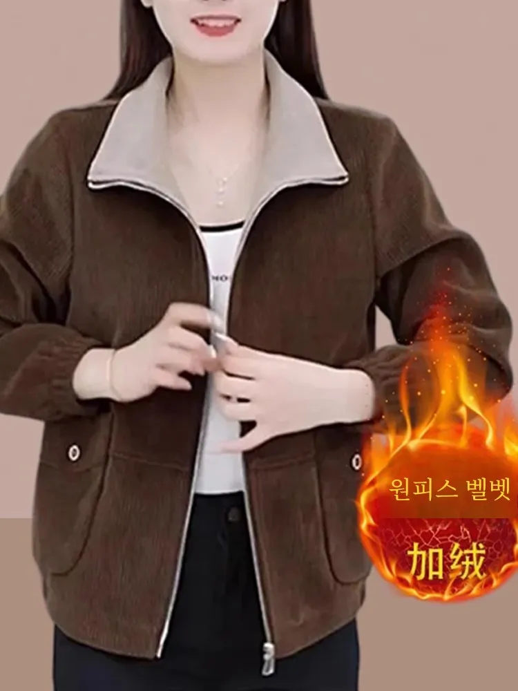 Corduroy Short coat Women Spring and Autumn Winter 2024 New One Fleece-lined Thickened Small Fashion Top