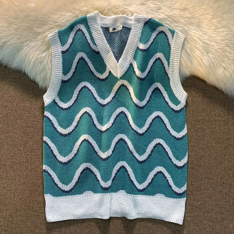 

Y2K Women Knitting Sweater Vest Autumn Winter New V-Neck Computer Knitted Wavy Line Printing Sweaters Pullover