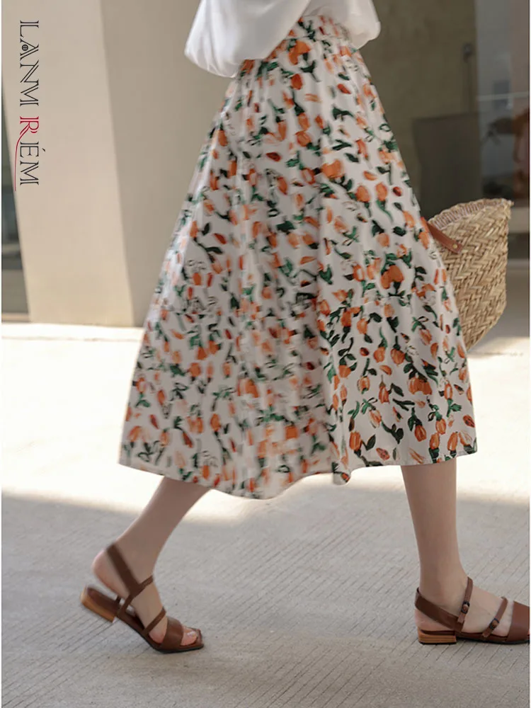 

LANMREM Chiffon Floral Skirt Women's 2022 Summer Thin High Waist A-line Printing Small Long Skirt Female Elegant Clothing 2R3623