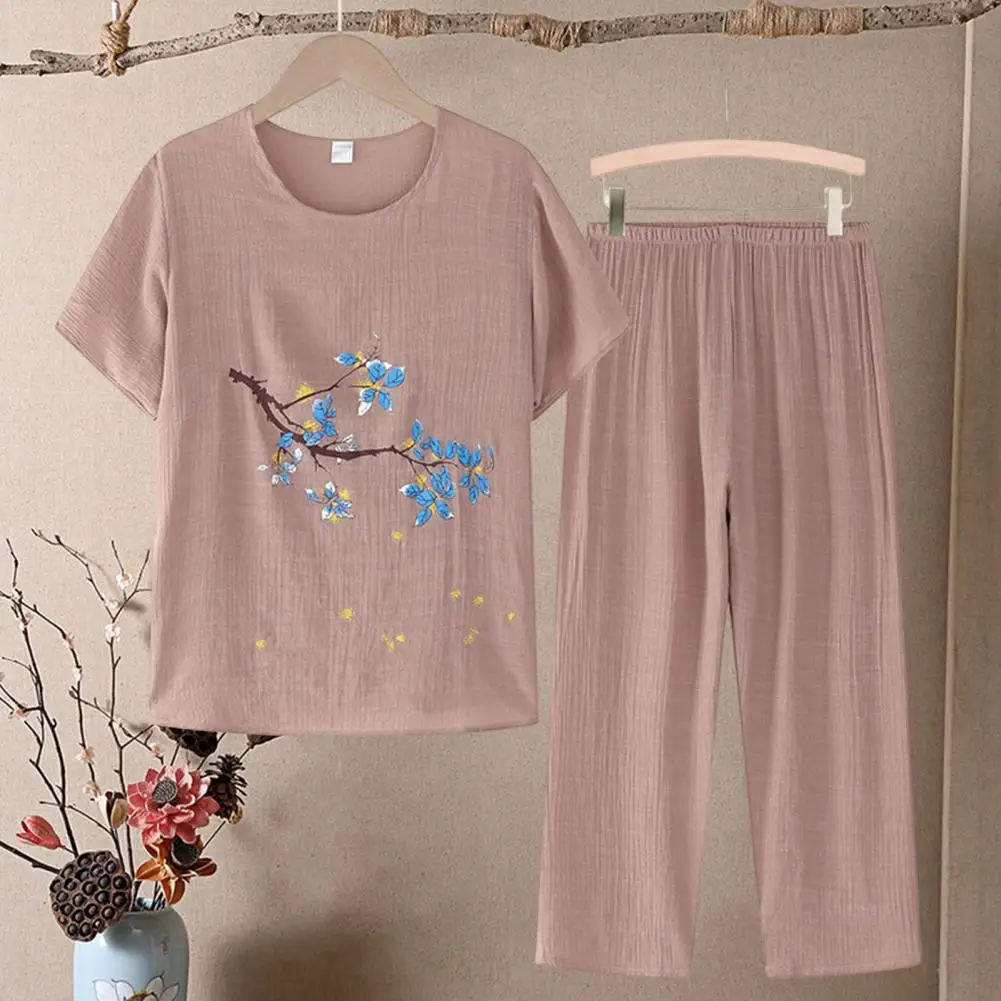 

1 Set Trendy Women Outfit Set Casual Loose Women Top Pants Set Straight Leg Keep Cooling Lady Summer Top Trousers Set