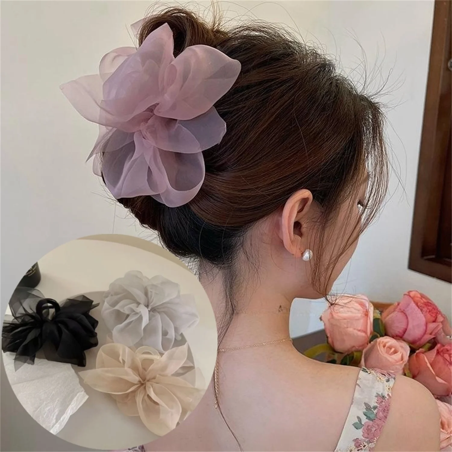 

2023 Girl Headdress Gift Hair Claw Clip New Mesh Tulle Large Bow Grip Clip Clips for Women Female Ponytail Braid Elegant