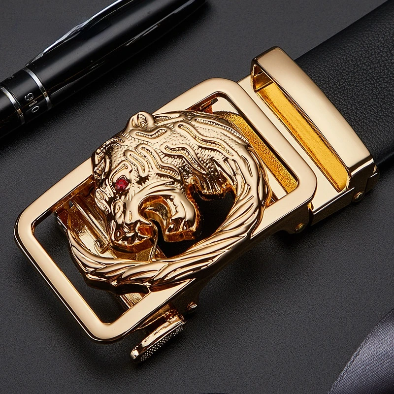 2022 New men's Lion button  leather belt simple leisure business belt luxury stainless steel cowskin Belt 110-130