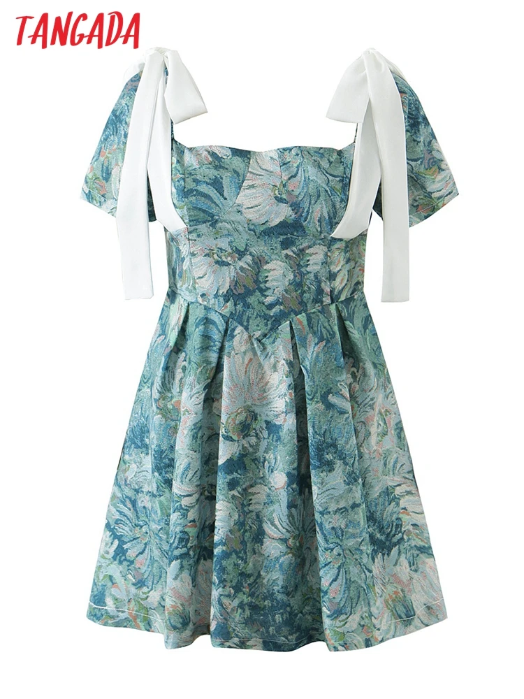

Tangada 2023 Summer Women Flower Dress Bow Puff Short Sleeve Ladies Mini Dress DZ85