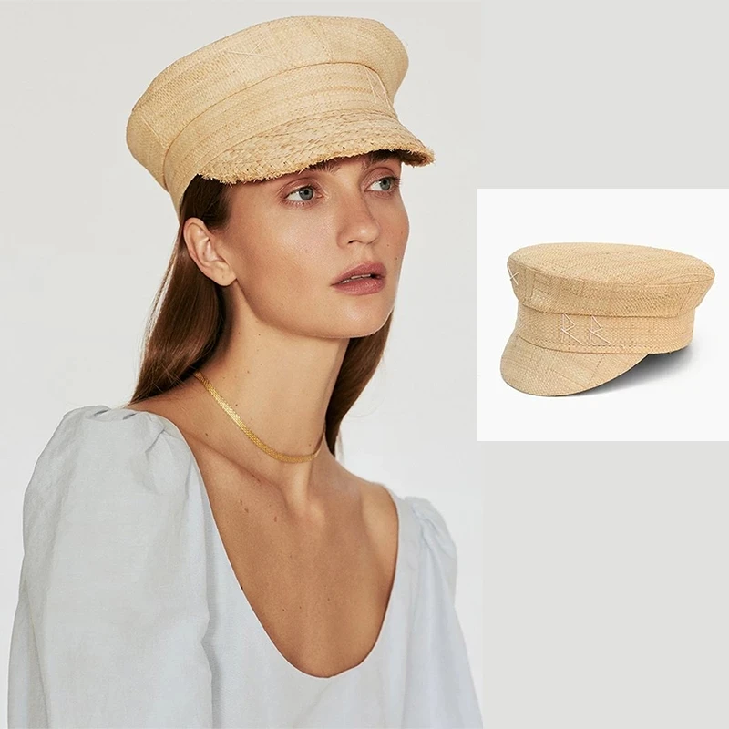 

2021 New Women Summer Cpas Straw Newsboy Cap Letter Embroidered Flat Visor
