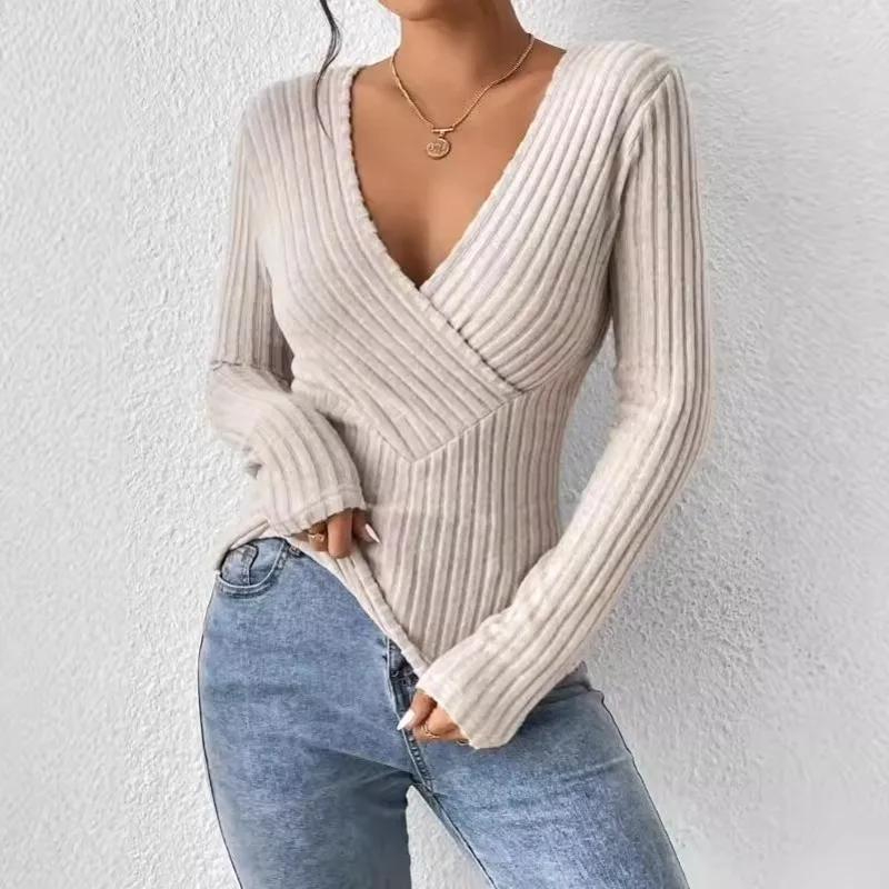 Высококачественные европейские полосатые рубашки с v-образным вырезом и