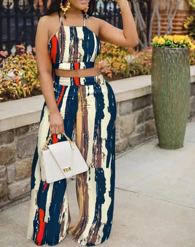 

Summer Women's Suit Abstract Printed Crop Top Wide Leg Long Pant Sets Spring/summer 2023 New Fashion Women's Pant Set