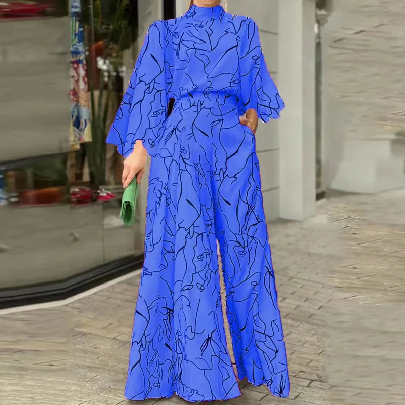 

Mandylandy Women Elegant Autumn Print Loose Jumpsuit Fashion Y2K Long Sleeve Stand Collar Wide Leg Trousers Romper Overalls