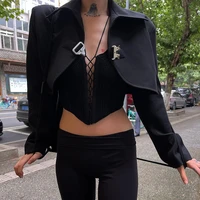 2022 spring and autumn street fashion short long sleeve single button small suit black loose lapel short jacket cardigan top