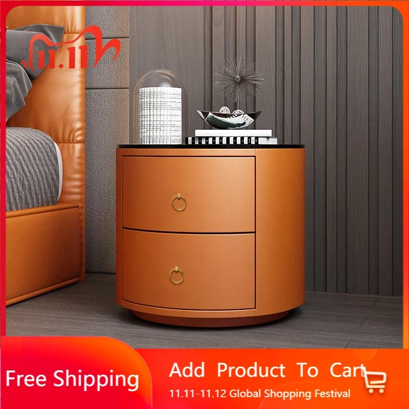 

Роскошный круглый прикроватный столик в скандинавском стиле, итальянский кожаный вариант, современная простая Мобильная тумбочка, домашняя мебель на заказ