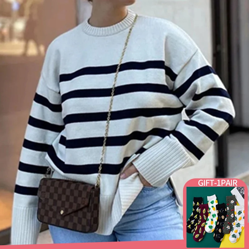 

Ladies Autumn Winter Striped Knitted Loose Sweaters Women Pullover Top Long Sleeve O Neck Casual Streetwear Women Sweater Female
