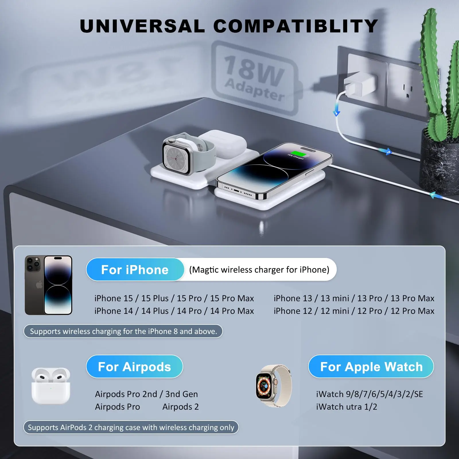 Магнитное Беспроводное зарядное устройство Jmuytop Apple 3 в 1 зарядная станция для iPhone