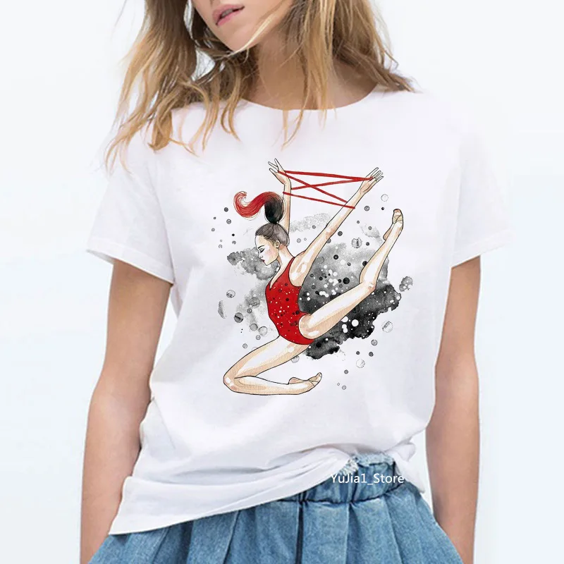 

New Elegant Ballet Printed Short Sleeve T-shirt Women's Summer Loose Parent-child Clothing Student Girl Ballet Boys and Children