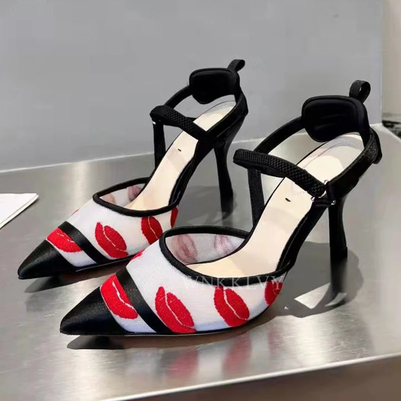 

Runway Pointed Toe Thin High Heel Pumps Women Air Mesh Printing Slingback Elastic Band Sandals Spring Sexy Party Dress Shoes