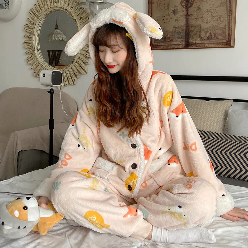 

Women Autumn Winter New Coral Velvet Cartoon Hooded Pajamas Set Sleepwear Loose Casual Nightclothes Warm Flannel Two Piece Suit