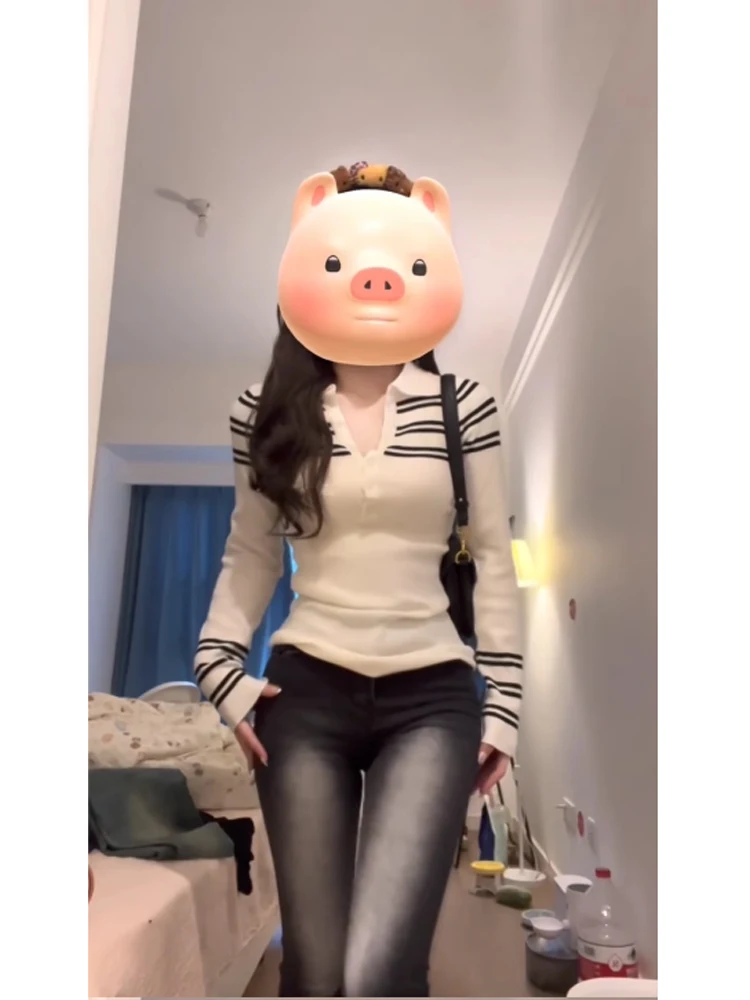 Женский бежевый полосатый пуловер свитер в стиле Харадзюку корейский Y2k с