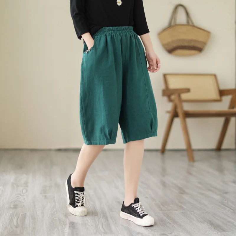 Women 2023 Summer New Solid High Waist Pocket Wide Leg Pants Casual Loose Shorts Cotton Linen Capris Elastic Waist Trousers