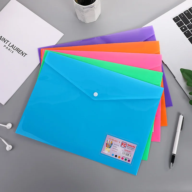 

5pcs Plastic Envelopes Poly Envelopes A4 FC Clear File Bags Document Folders Document Organizers with Snap Button School Office
