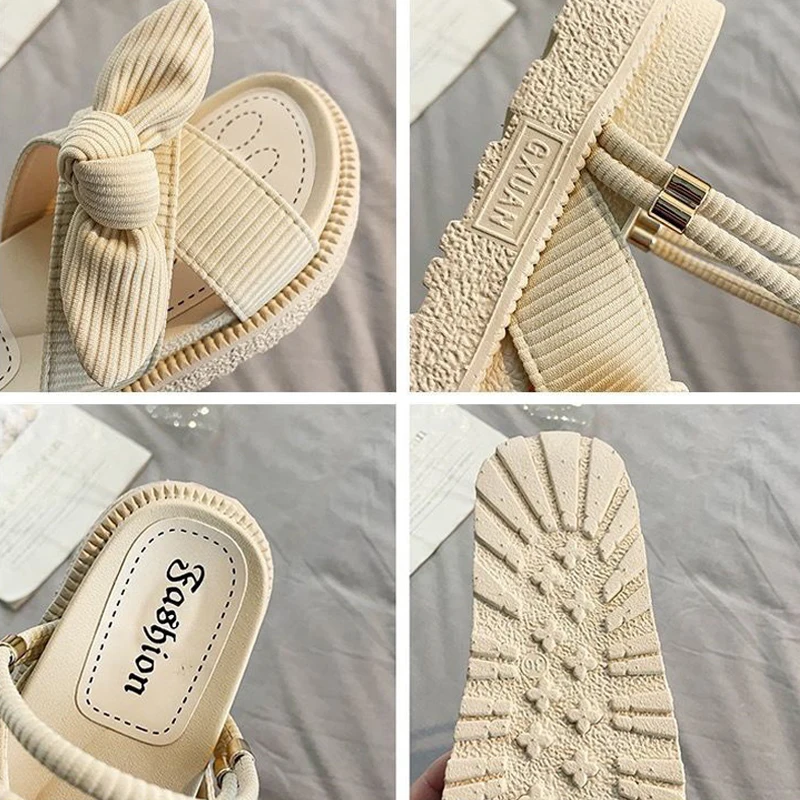 Women's Slippers 2022 Summer New Thick Bottom Bow Slippers Two Wear One Word Casual Outer Wear Flat Bottom Sandals Women