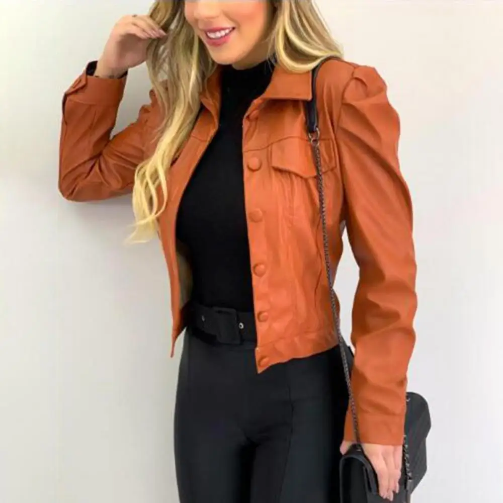 

Women Fashion Faux Leather Long Sleeve Buttons Jacket Coat Short Slim Outerwear