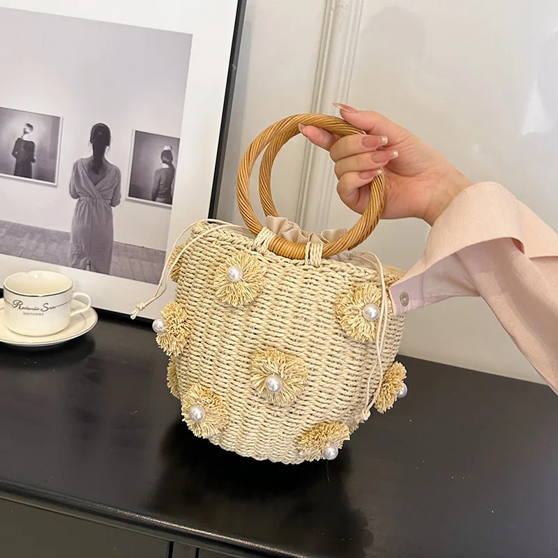 

2023 Summer Straw Woven Beach Bag Rattan Ladies Purses Handbag Wrist Pack Women Handle Female Bucket Bag Travel Small Tote Bags
