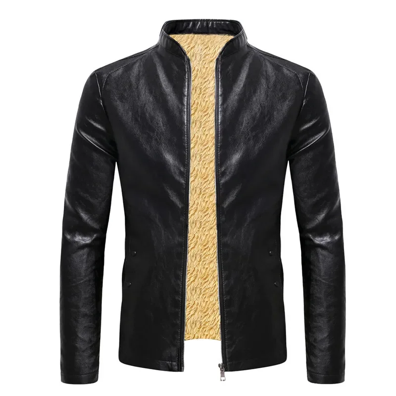 

2022 Winter Fleece Leather Jacket Men PU Faux Warm Suede Fashion Stand Collar Casual Solid Motorcycle Leather Jackets Coat Men