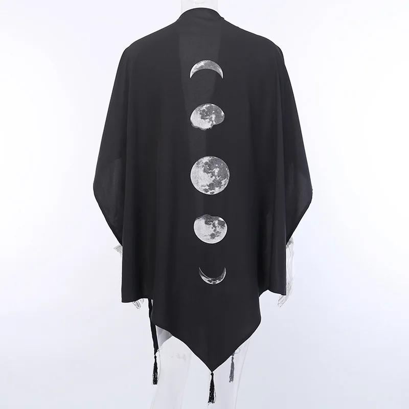 Gothic Black Retro Moon Print Tassel Cloak Female Goth Jacket Women Autumn and Winter Dark V-neck Loose Top Bat Cloak images - 6