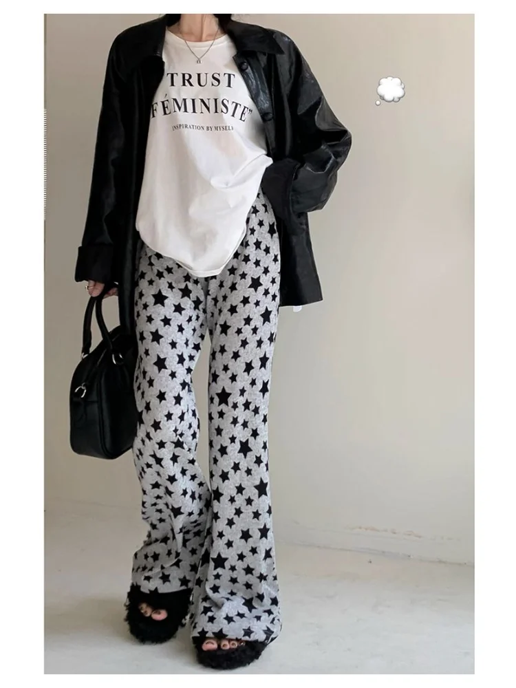 

HOUZHOU Star Flare Pants Women Korean Fashion Harajuku Casual Mopping Trousers Female Y2K High Waist 90s Aesthetic Pantalones