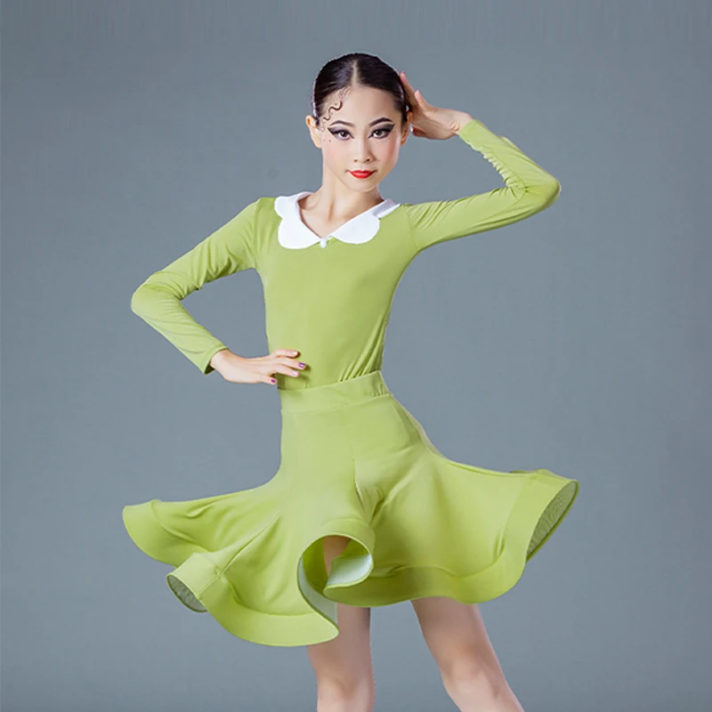 

Одежда для латиноамериканских танцев, зеленый топ и юбка для девочек, костюм для танцев и представлений, тренировочный костюм, одежда для со...