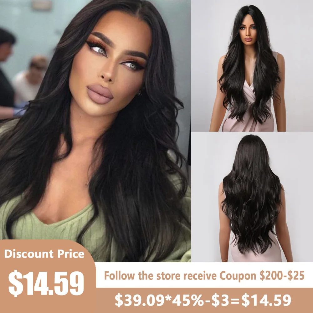 

Natural Wave Synthetic Hair Wig Middle Part Long Black Wigs for Black Women Afro Daily Cosplay High Resistant Fiber Wigs