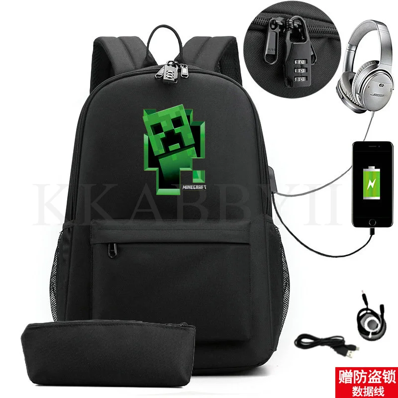 Рюкзак для школы MINECRAFT с USB-зарядным устройством, унисекс, подростки, мужчины, женщины, школьная сумка, студенческая мочила для мальчиков и девочек.