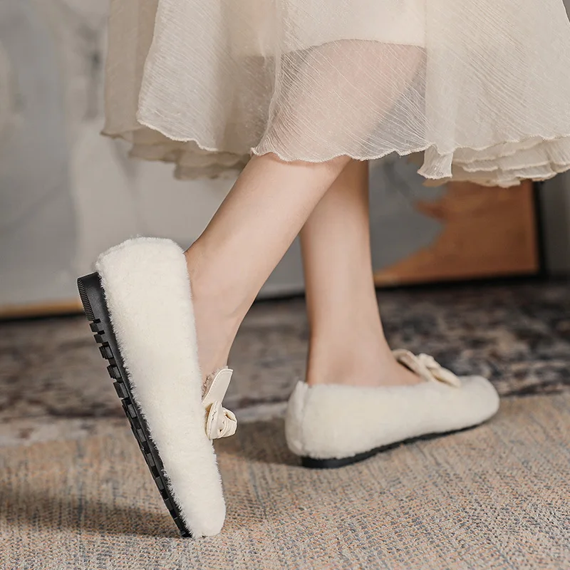 Winter Woman Sheep Fur Flats Bowknot Mocasines Plush Cotton Snow Boots Femme Hiver Lambswool Loafers Fuzzy White Wool Shoes