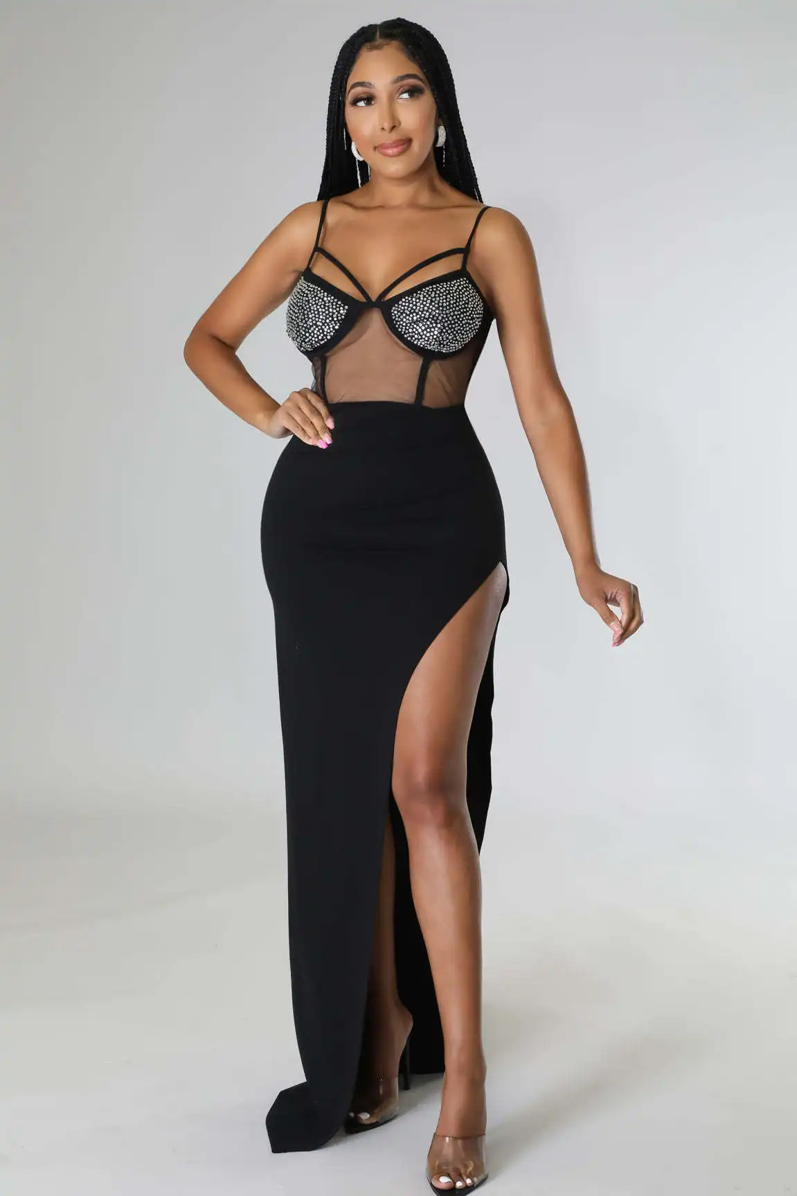 

Y2K Party Clothing Women Mesh See Through Maxi Dress 2022 Summer Stitching Zipper Backless Bodycon Club Sexy Dresses Vestidos