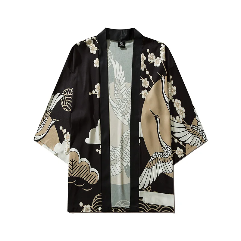 Кимоно Lianshuo мужское с принтом журавлей свободная повседневная накидка в