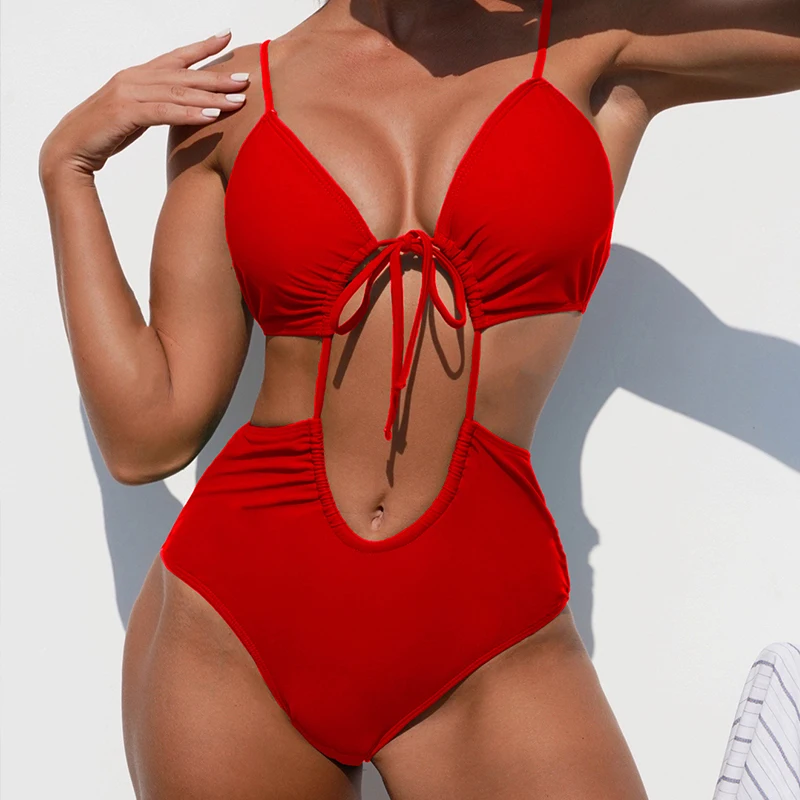 Женский однотонный купальник-бикини Раздельный купальник с лямкой на шее и