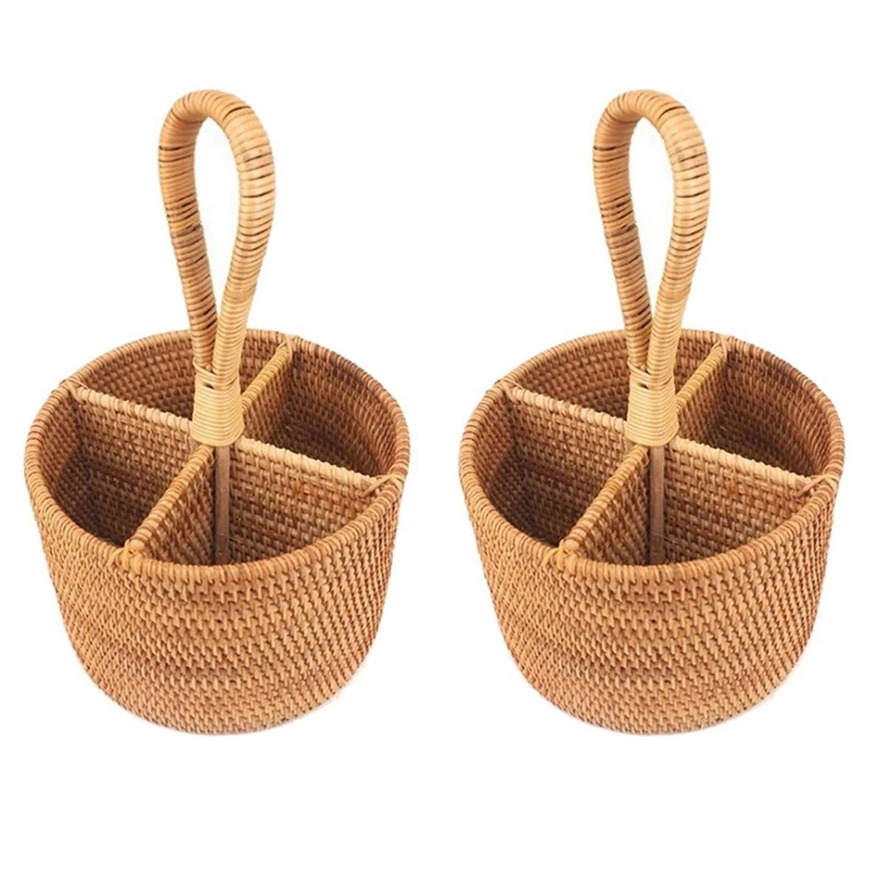 

2X Hand-Woven Rattan Storage Basket Portable Round Four Compartment Storage Fruit Basket Fruit Basket Storage Basket