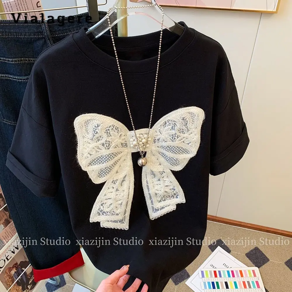 

2023 Summer New Fashion Casual 3D Decoration Butterfly Loose Fit T-shirt Women's Vintage Short Sleeve Korean Style Tees Top