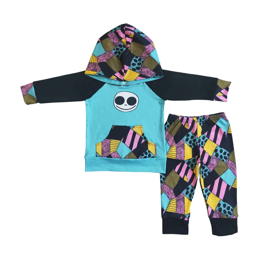 

Long Sleeves Cartoon Halloween Blue Hoodie Set Patch Jogger Children Boutique Wholesale Outfit Baby Boy Clothing