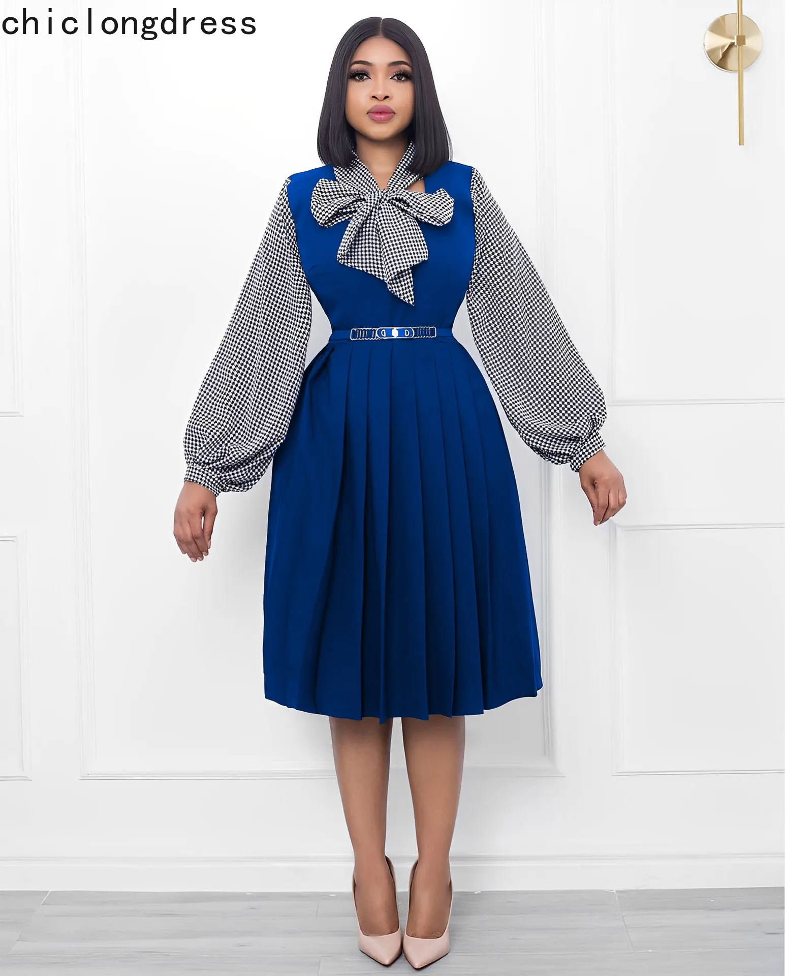 

Женское плиссированное платье с бантом, элегантное офисное клетчатое платье с рукавами-фонариками и поясом, весна-осень