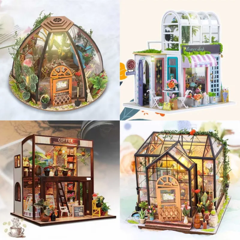 

Dollhouse Diy Starry Sky Flower House Wooden Miniature House Greenhouse DollHouse Time Cafe Model Building Kit Toy For Kid Adult