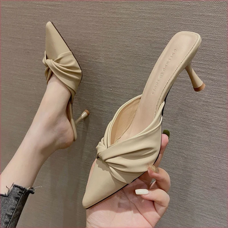 

Baotou Half Slippers Female Outside Wear 2023 New Summer Fine Heels High Heels Pointed Toe Drag French Mueller Shoes Women Shoes