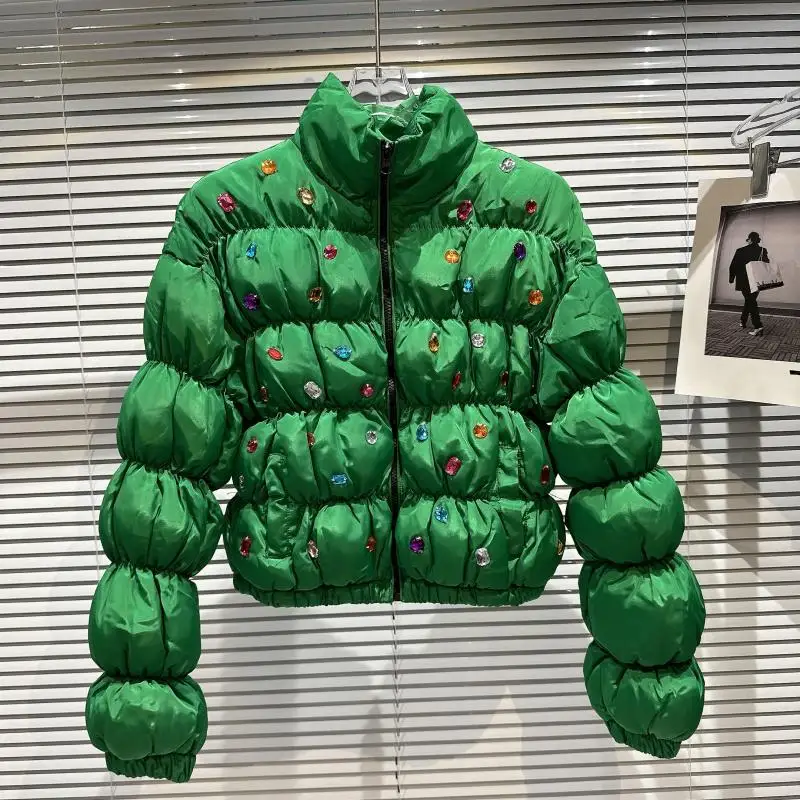 Winter Short  Cotton Padded Jacket Women 2022 Fashion Colorful Diamond Beaded Lantern Sleeve Slim Warm Down Cotton Parkas Street
