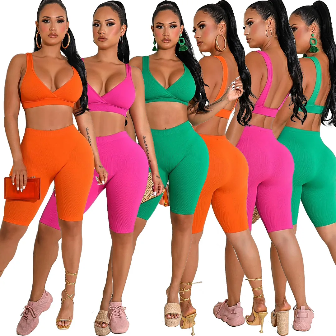 

Fashion Shorts Set Women Two Piece Sexy Tube Top + Bodycon Shorts 2022 Summer Sports Fitness Out Wear Wholesale Drop Ship