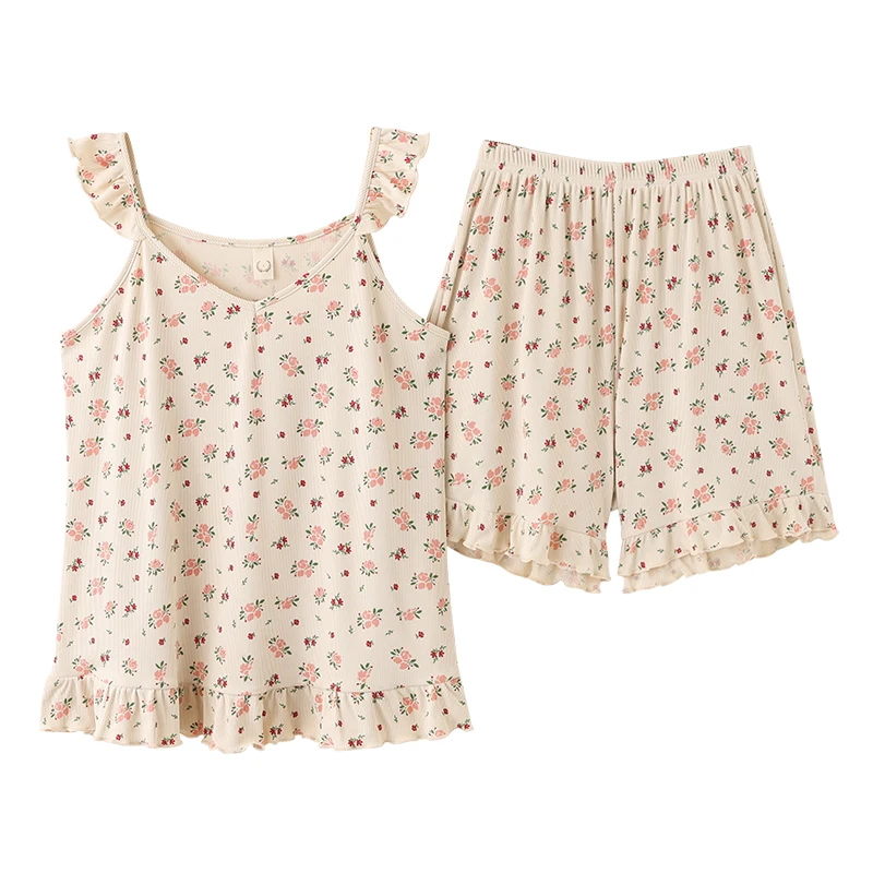 CAIYIER Lovely Bear Print Vintage Pajamas Set Summer Sleeveless Korean Sleepwear Kawaii Women Underwear Leisure Homewear M-4XL