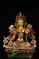 9 tibetan temple collection old bronze outline in gold gem dzi beads twenty one mother green tara lotus platform worship buddha