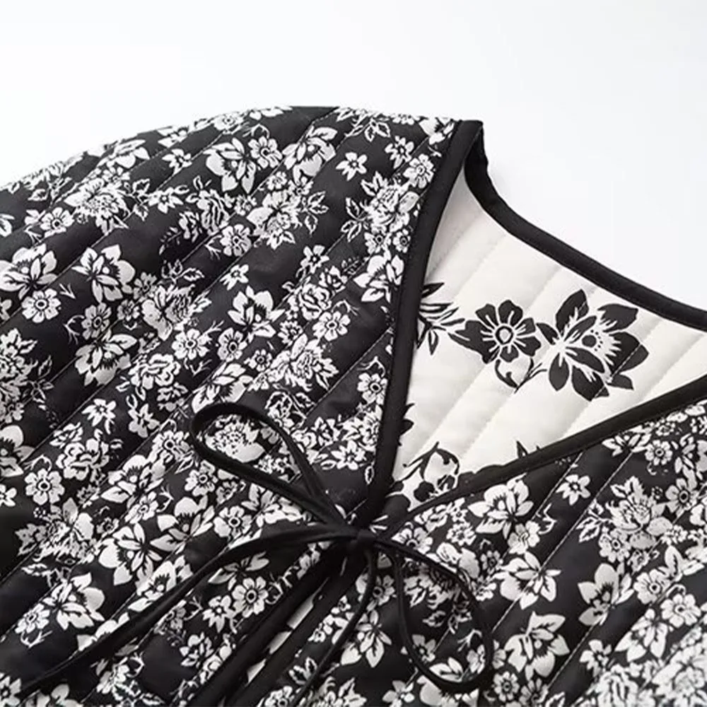Autumn and winter new fashion women's round neck lace-up long-sleeved inner and outer printed two-wear cotton short coat