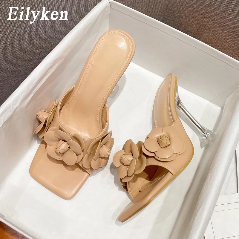 

Eilyken New Fashion Flowers Womens Slippers Shoes Elegant Square Toe Ladies Sandals Transparent Crystal Strange Heels shoes
