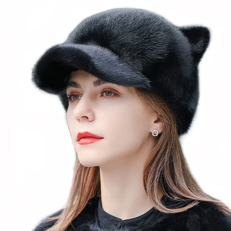 New Mink Fur Hat Women's Winter Ear Protection Warm Duck Tongue Hat Luxurious Fashion Mink Fur Hat Ear Hat